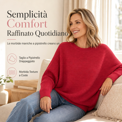 🔥SCONTO DEL 50%! 👚Maglione in maglia casual, girocollo, taglio ampio, maniche lunghe a pipistrello, tinta unita