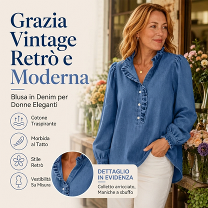 Top di jeans da donna con colletto a volant e maniche a sbuffo
