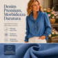 Top di jeans da donna con colletto a volant e maniche a sbuffo