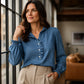 Top di jeans da donna con colletto a volant e maniche a sbuffo