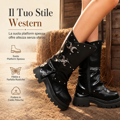 🔥SCONTO DEL 50%! 👢Stivaletti da donna con tacco medio a zeppa, punta tonda, cuciture, risvolto e cinturino con fibbia