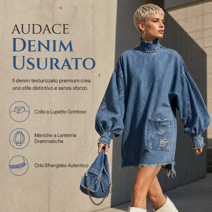 🔥SCONTO DEL 50%! 👚Mini abito oversize in denim con collo a lupetto da donna
