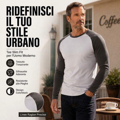 🔥SCONTO DEL 50%! 👕T-shirt a maniche lunghe raglan con blocchi di colore per uomo