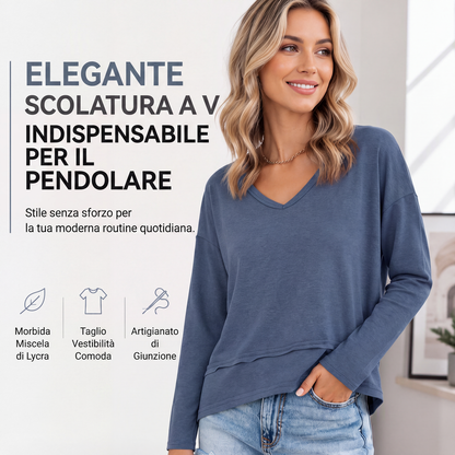 🔥SCONTO DEL 50%! 👚Top da donna a maniche lunghe con scollo a V e taglio largo