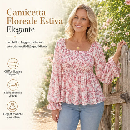 🔥SCONTO DEL 50%! 👚Blusa casual da donna in chiffon con scollo a quadro, maniche a sbuffo e stampa floreale, top per vacanze