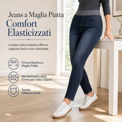 🔥SCONTO DEL 50%! 👖Jeans di jeans lavaggio scuro da donna, a vita alta, slim fit, con elastico in vita ampio e chiusura pull-on