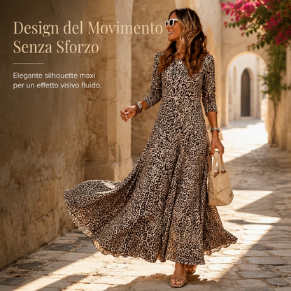 Abito Donna Casual a Maniche Lunghe con Stampa Leopardata, Modello Maxi