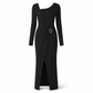⏰ Ultimo Giorno di Saldi – SCONTO 50% ✨Abito lungo da donna autunno inverno, trama knit, colore tinta unita, scollo asimmetrico