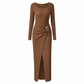 ⏰ Ultimo Giorno di Saldi – SCONTO 50% ✨Abito lungo da donna autunno inverno, trama knit, colore tinta unita, scollo asimmetrico