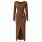 ⏰ Ultimo Giorno di Saldi – SCONTO 50% ✨Abito lungo da donna autunno inverno, trama knit, colore tinta unita, scollo asimmetrico