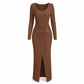 ⏰ Ultimo Giorno di Saldi – SCONTO 50% ✨Abito lungo da donna autunno inverno, trama knit, colore tinta unita, scollo asimmetrico