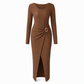 ⏰ Ultimo Giorno di Saldi – SCONTO 50% ✨Abito lungo da donna autunno inverno, trama knit, colore tinta unita, scollo asimmetrico