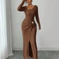 ⏰ Ultimo Giorno di Saldi – SCONTO 50% ✨Abito lungo da donna autunno inverno, trama knit, colore tinta unita, scollo asimmetrico