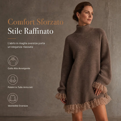 ⏰ Ultimo Giorno di Saldi – SCONTO 50% ✨Abito in maglia oversize dal collo a barchetta con finiture in tulle a balze