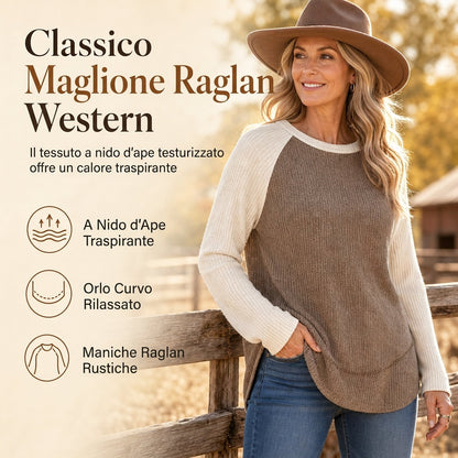 Maglione da donna western da ranch, a maniche lunghe raglan, in tessuto waffle testurizzato con orlo curvo