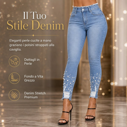 🔥SCONTO DEL 50%! 👖Jeans skinny aderenti da donna in azzurro chiaro, impreziositi da perline, con vita grezza sfilacciata e polsini alla caviglia strappati e sfregiati