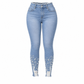 🔥SCONTO DEL 50%! 👖Jeans skinny aderenti da donna in azzurro chiaro, impreziositi da perline, con vita grezza sfilacciata e polsini alla caviglia strappati e sfregiati