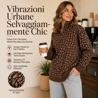 🔥SCONTO DEL 50%! 👚Felpa da donna con stampa leopardato e mezza cerniera