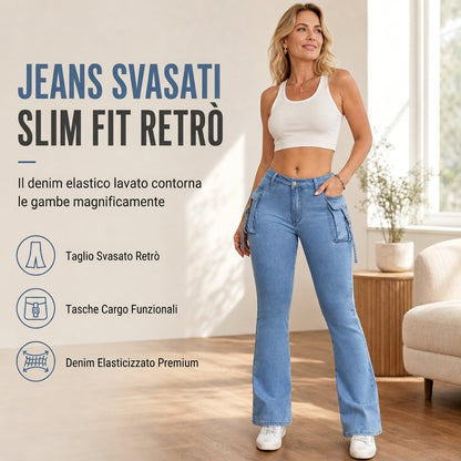 🔥SCONTO DEL 50%! 👖Jeans cargo a zampa da donna, slim fit, ad alta elasticità con tasche con patta