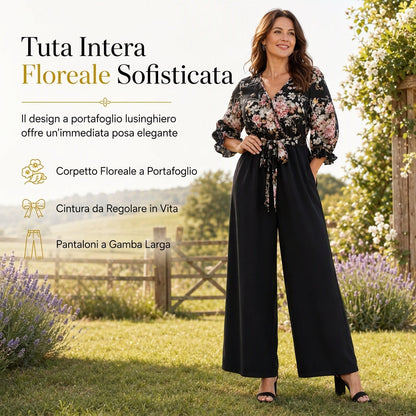 ⏰ Ultimo Giorno di Saldi – SCONTO 50% ✨Tuta jumpsuit elegante con stampa floreale, avvolgente, scollo a V, gamba larga, cintura in vita e maniche a 3/4 con volant
