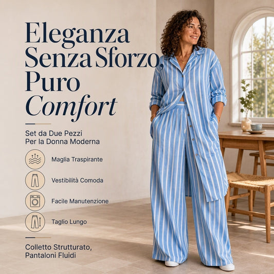 🔥SCONTO DEL 50%! 👚Set donna composto da camicia a righe lungo e pantaloni a gamba larga