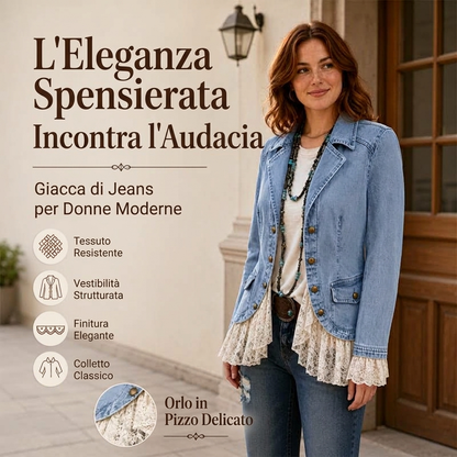 🔥SCONTO DEL 50%! 🧥Giacca di jeans da donna con revers a bavero e fondo in pizzo