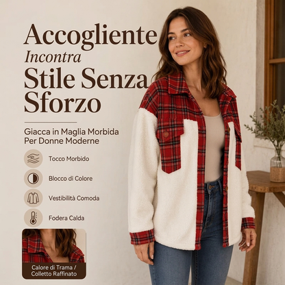🔥SCONTO DEL 50%! 👚Giacca da donna a quadri in pile con patchwork e abbottonatura frontale