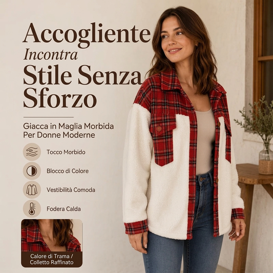🔥SCONTO DEL 50%! 👚Giacca da donna a quadri in pile con patchwork e abbottonatura frontale