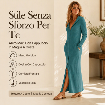 ⏰  Sconto del 50% di cambio stagione – qualità a metà prezzo! ✨Abito lungo maxi femminile a maniche lunghe in maglia a coste con cappuccio, stile casual