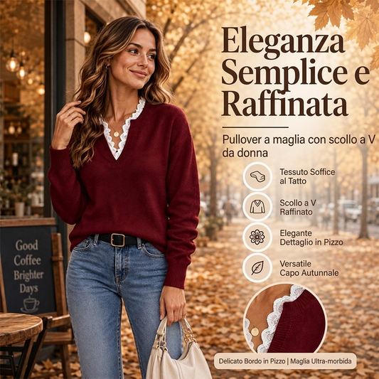 ⏰  Sconto del 50% di cambio stagione – qualità a metà prezzo! ✨Maglione da donna a scollo arrotondato con bordi in pizzo