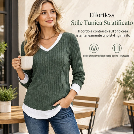 ⏰ Ultimo Giorno di Saldi – SCONTO 50% ✨Maglia in maglia a maniche lunghe con strato finto a due pezzi, top pullover casual
