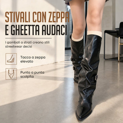 🔥SCONTO DEL 50%! 👢Stivali alti al ginocchio da donna in morbida pelle, punta a becco, modello slouchy con tacco a blocco di ampie dimensioni