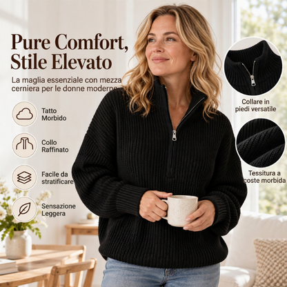 Maglione donna a maniche lunghe, con mezza zip e collo a lupo