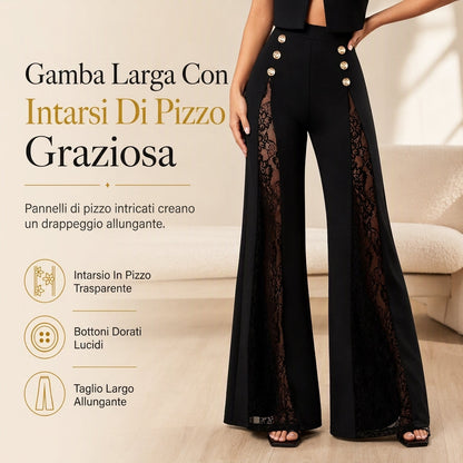 ✨Disponibilità limitata, non lasciartelo sfuggire!🎉Pantaloni a gamba larga da donna, a vita alta, con inserimenti in pizzo e bottoni decorativi dorati
