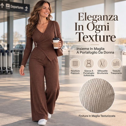 Set da donna con top testurizzato avvol asimmetrico e pantaloni a gamba larga
