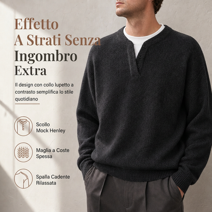 Maglione da Uomo Retrò a Collo Henley, Finta Due Pezzi, Taglio Comodo, Maglione a Maniche Lunghe in Maglia per Autunno e Inverno