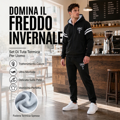 Completo da uomo con felpa cappuccio e pantaloni, imbottito